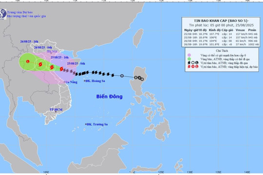  Bão số 5 giật cấp 17, cách Hà Tĩnh khoảng 145 km